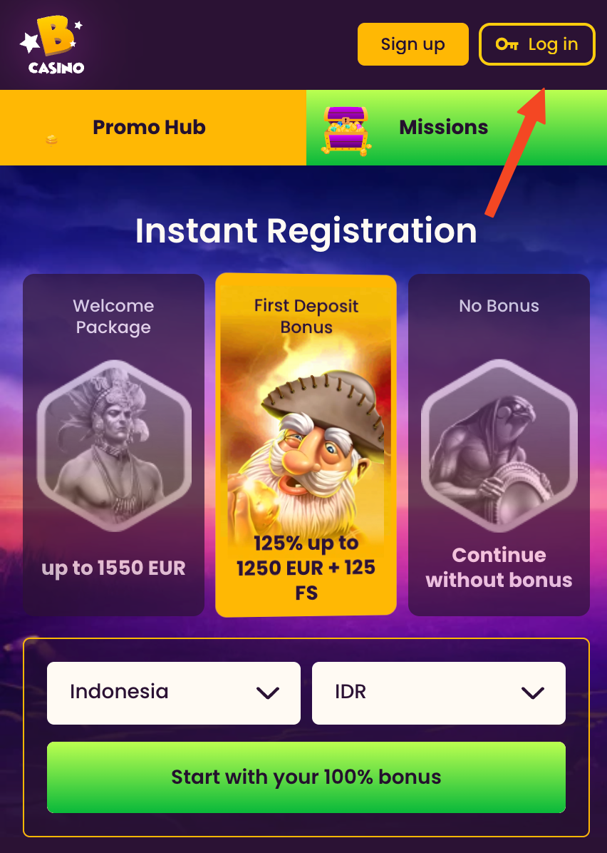 Bizzo Casino Login Button Location - Screenshot showing the Log In button in the top-right corner of the homepage